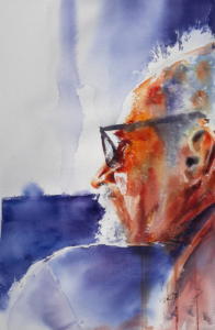 Homme de profil sur fond bleu